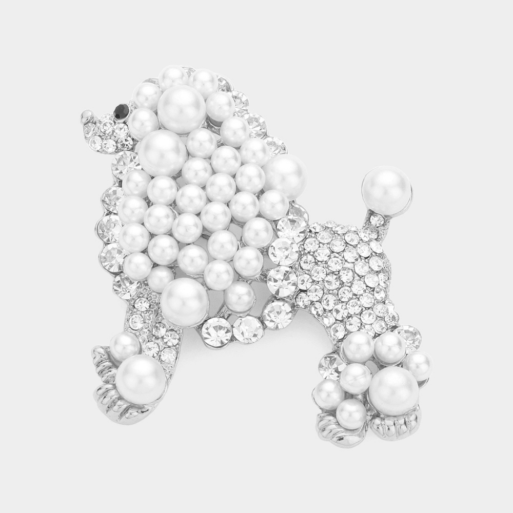 White Pearl Poodle Dog Rhinestone Crystal 2.25 Inch Silver Brooch Pin Accessory